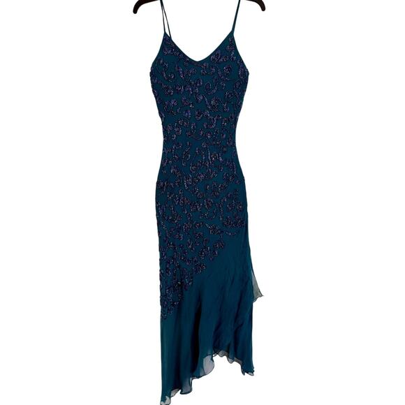 Vintage Cache Slip Dress sz 2 Teal Beaded Silk Cocktail Asymmetrical Whimsigoth - Picture 1 of 8